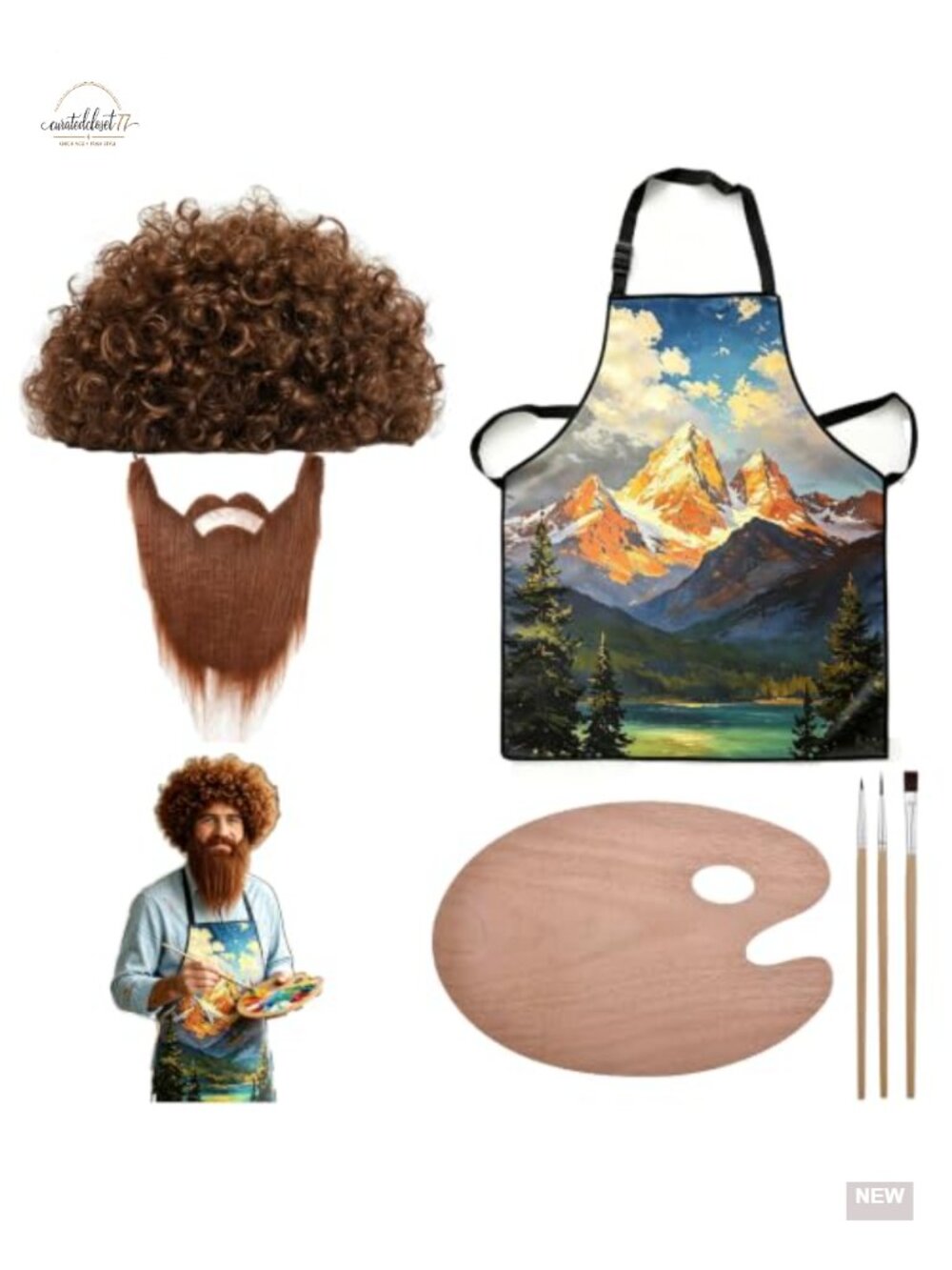 80s Painter Costume Set with Wig, Beard, Apron, Palette & 3 Brushes